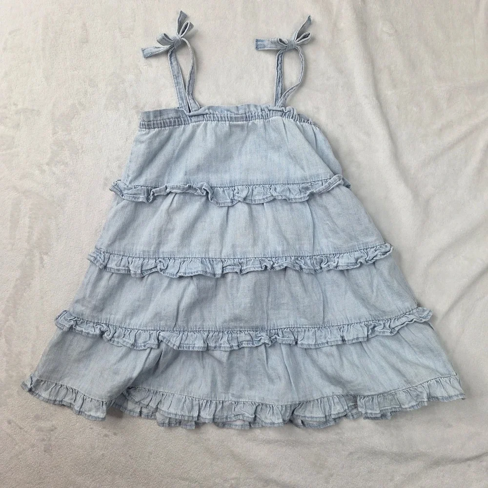 Gap Denim Dress Girls 2T Light Blue Ruffle Tiered Chambray Tie Strap Excellent